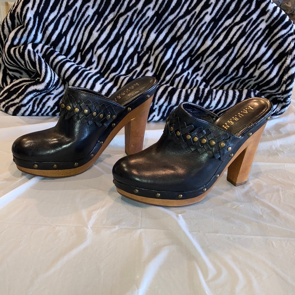 Lauren Ralph Lauren Black Leather Studded Wooden Heel Clogs